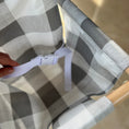 Load image into Gallery viewer, close up of safety belt on gray buffalo check baby swing for outdoor spaces