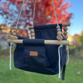 Load image into Gallery viewer, Classic navy outdoor baby swing with supportive wooden frame