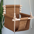 Load image into Gallery viewer, Brown baby swing with wooden elements against a neutral background