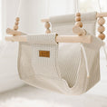 Load image into Gallery viewer, Baby swing with greige and vanilla stripe pattern, indoor high back cotton design