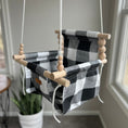 Load image into Gallery viewer, side angle of black buffalo check baby swing with non-toxic wooden dowels