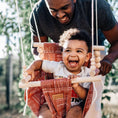 Load image into Gallery viewer, baby and dad using brick pattern high back baby swing, all natural, non- toxic wood