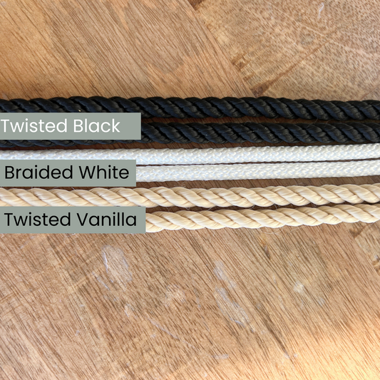 Rope options shown in Twisted Black, Braided White and Twisted Vanilla 