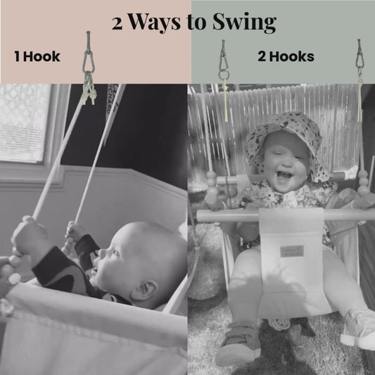 video showing the differences for movement when using a single ceiling mount or a double ceiling mount. all swings come with hardware for both.